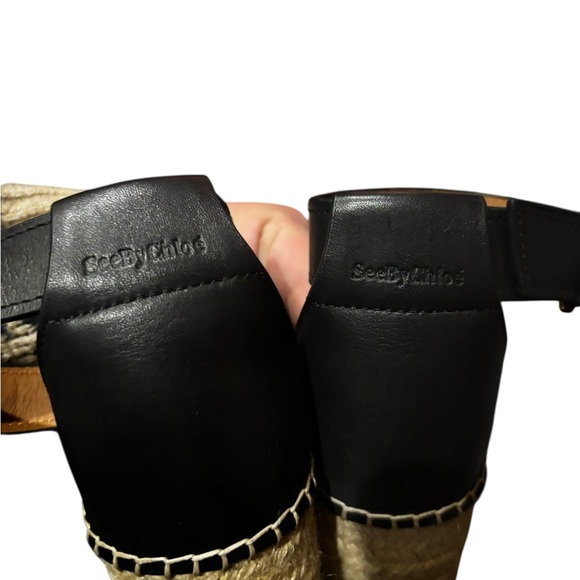 See by Chloe Glyn Espadrilles Wedge Black Leather Ankle Strap Sandals Sz 40 - Picture 9 of 13